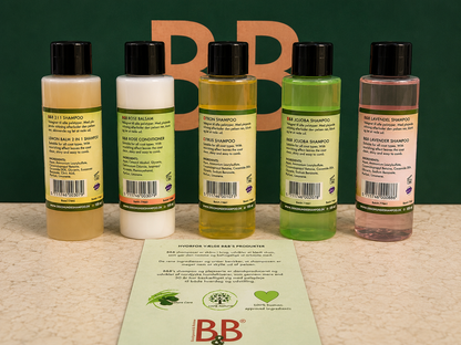 B&B Minibag The 5 Originals five Danish organic dog shampoos back instruction ingredient label shown with the back of the included B&B brochure