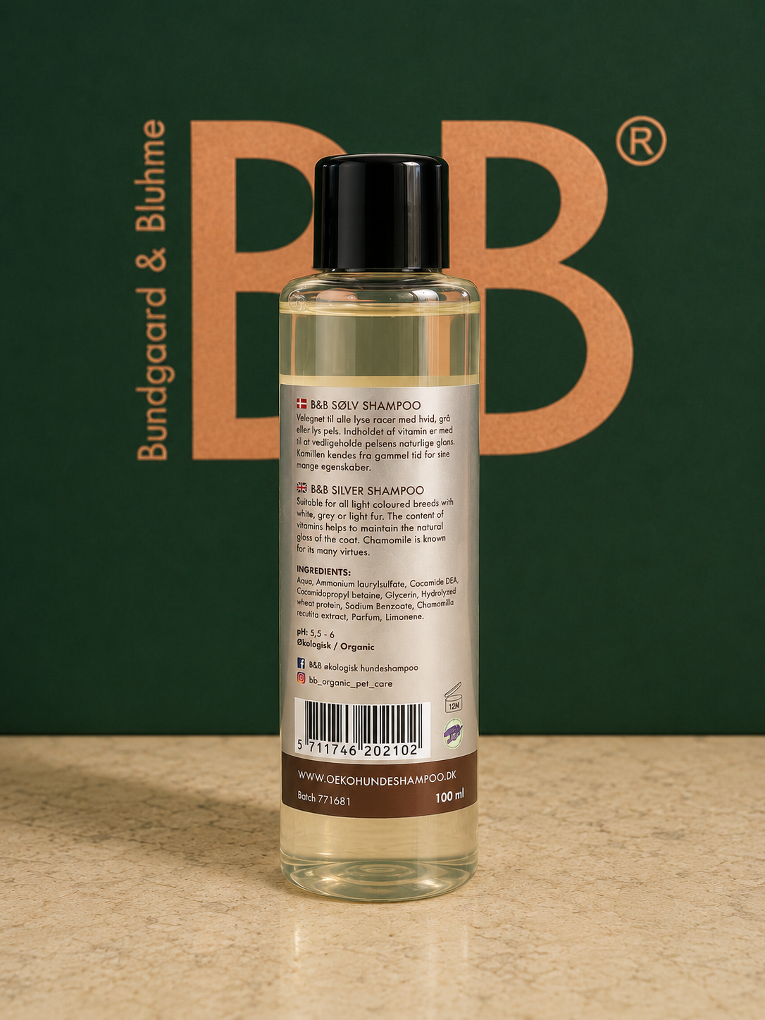         Back of B&B Organic Silver Shampoo 100 mL bottle showing product information and barcode