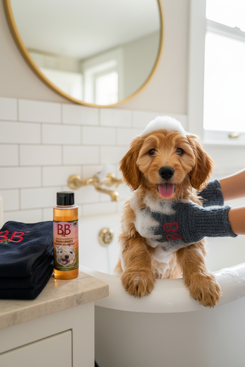 Puppy being groomed with B&B bathing and grooming products