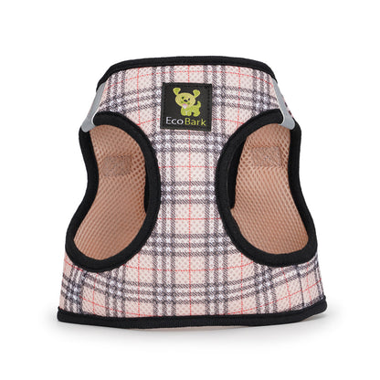 Small dog wearing the EcoBark Beige Plaid Step-In Dog Harness while enjoying an outdoor walk.