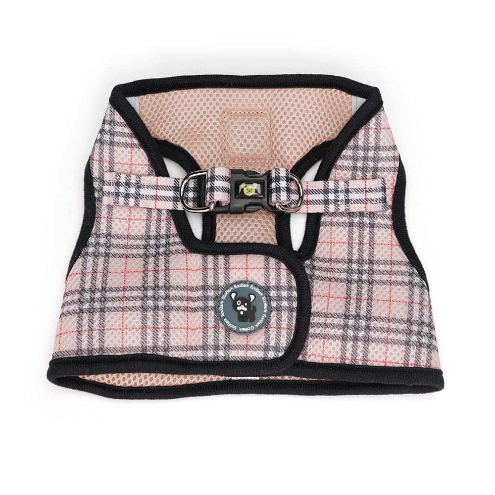 Front view of the EcoBark Beige Plaid Step-In Dog Harness with reflective trim and secure buckle.