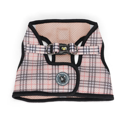 Front view of the EcoBark Beige Plaid Step-In Dog Harness with reflective trim and secure buckle.