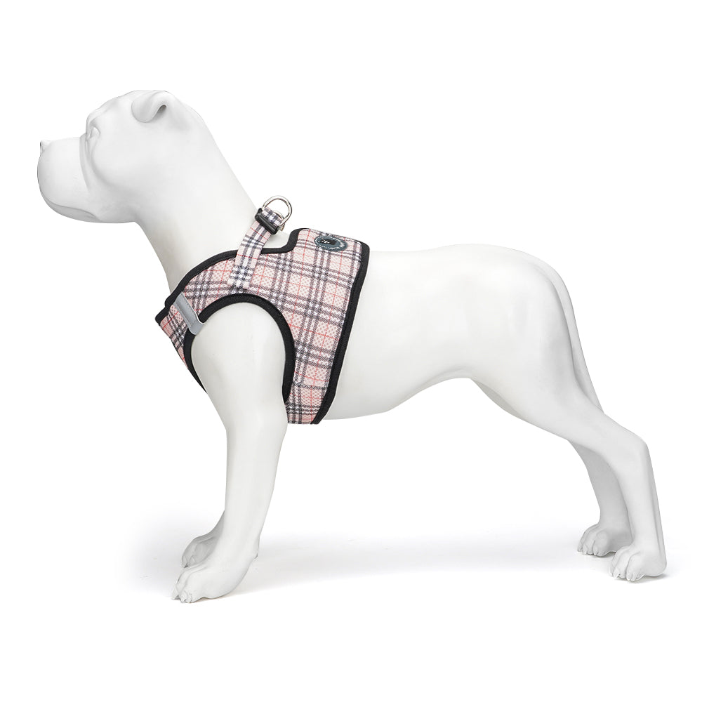 EcoBark Beige Plaid Step-In Dog Harness shown fitted on a small dog mannequin.