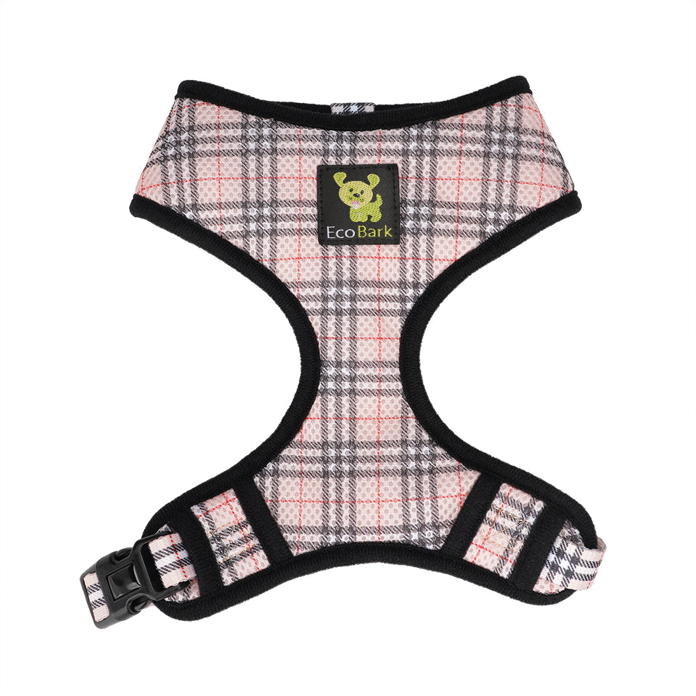 EcoBark plaid dog harness showing breathable mesh interior