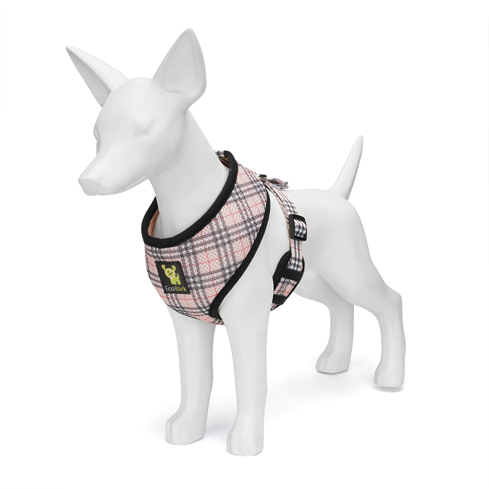 Dog wearing EcoBark plaid harness side view