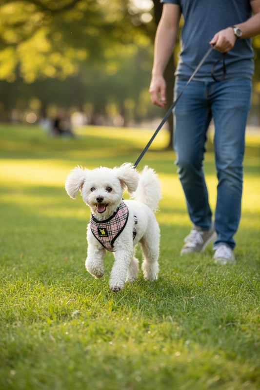Small dog wearing EcoBark plaid dog harness while walking in the park