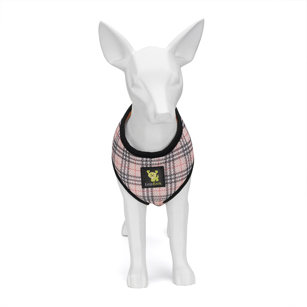Dog wearing EcoBark eco-friendly plaid harness front view