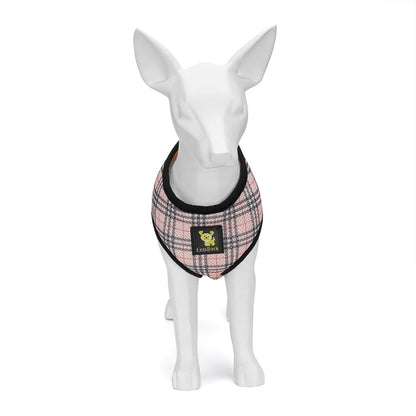 Dog wearing EcoBark eco-friendly plaid harness front view
