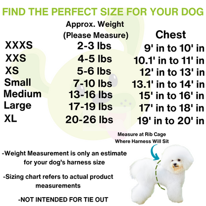 EcoBark Aqua Sport dog harness chest measurement size chart for XXXS through XL