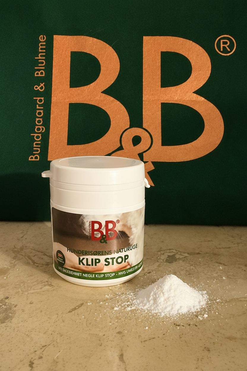 B&B Klip Stop nail powder container with mineral powder displayed beside it