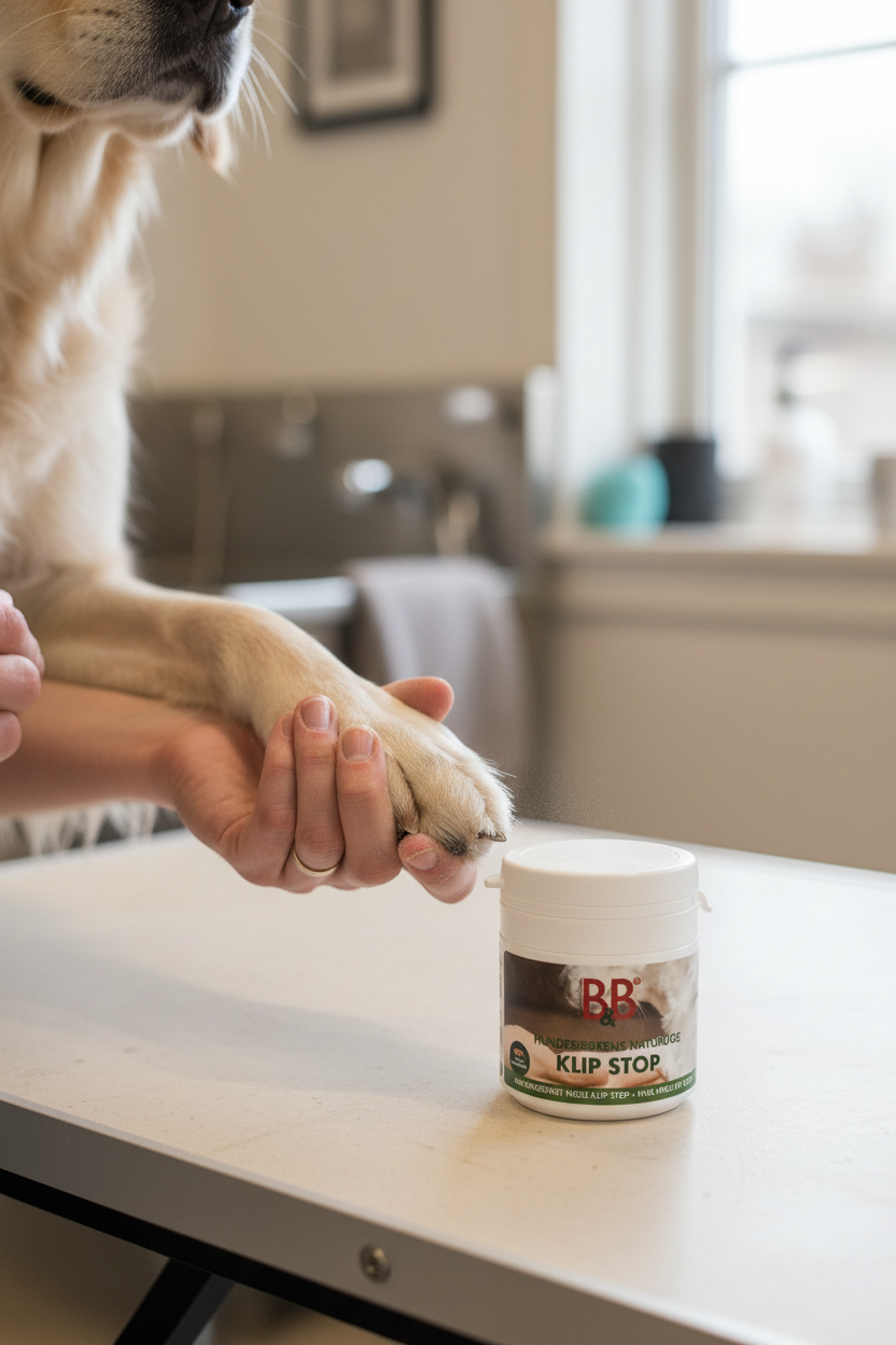 Close-up of a dog’s paw being gently held during nail care with B&B Klip Stop visible