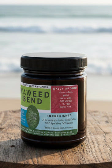 Back label of Seaweed Blend natural seaweed supplement showing ingredients and product information.