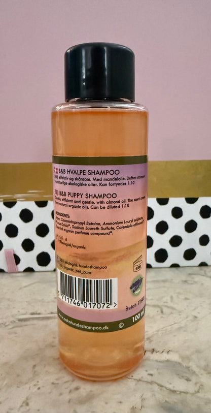 Back label of B&B Organic Puppy Shampoo showing product information