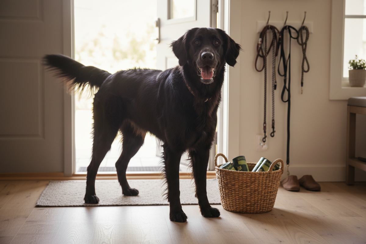 Dog at home with B&B Poop Bags from Ocean-Bound Plastic