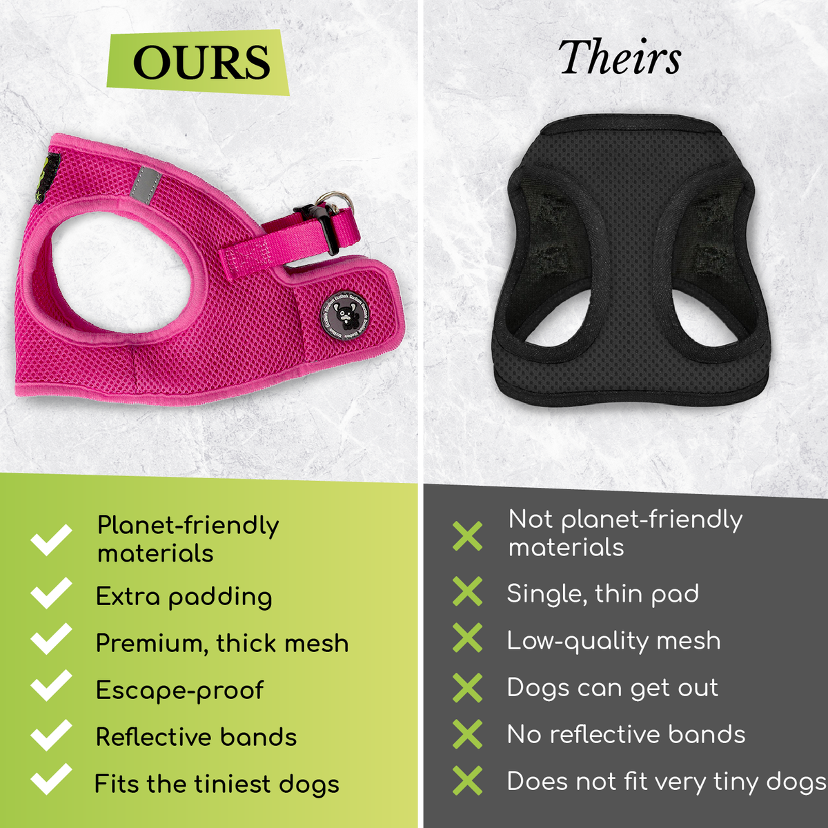 Comparison of EcoBark step-in harness versus traditional dog harness design