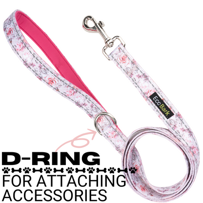 Reinforced D-ring on the EcoBark Eco-Bright Pink Floral leash for attaching accessories.
