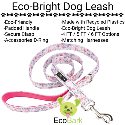 EcoBark Eco-Bright Pink Floral dog leash feature infographic highlighting recycled materials, padded handle, reflective stitching, and heavy-duty clasp.