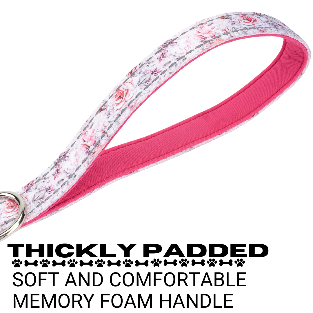 Memory foam padded handle on the EcoBark Eco-Bright Pink Floral dog leash.