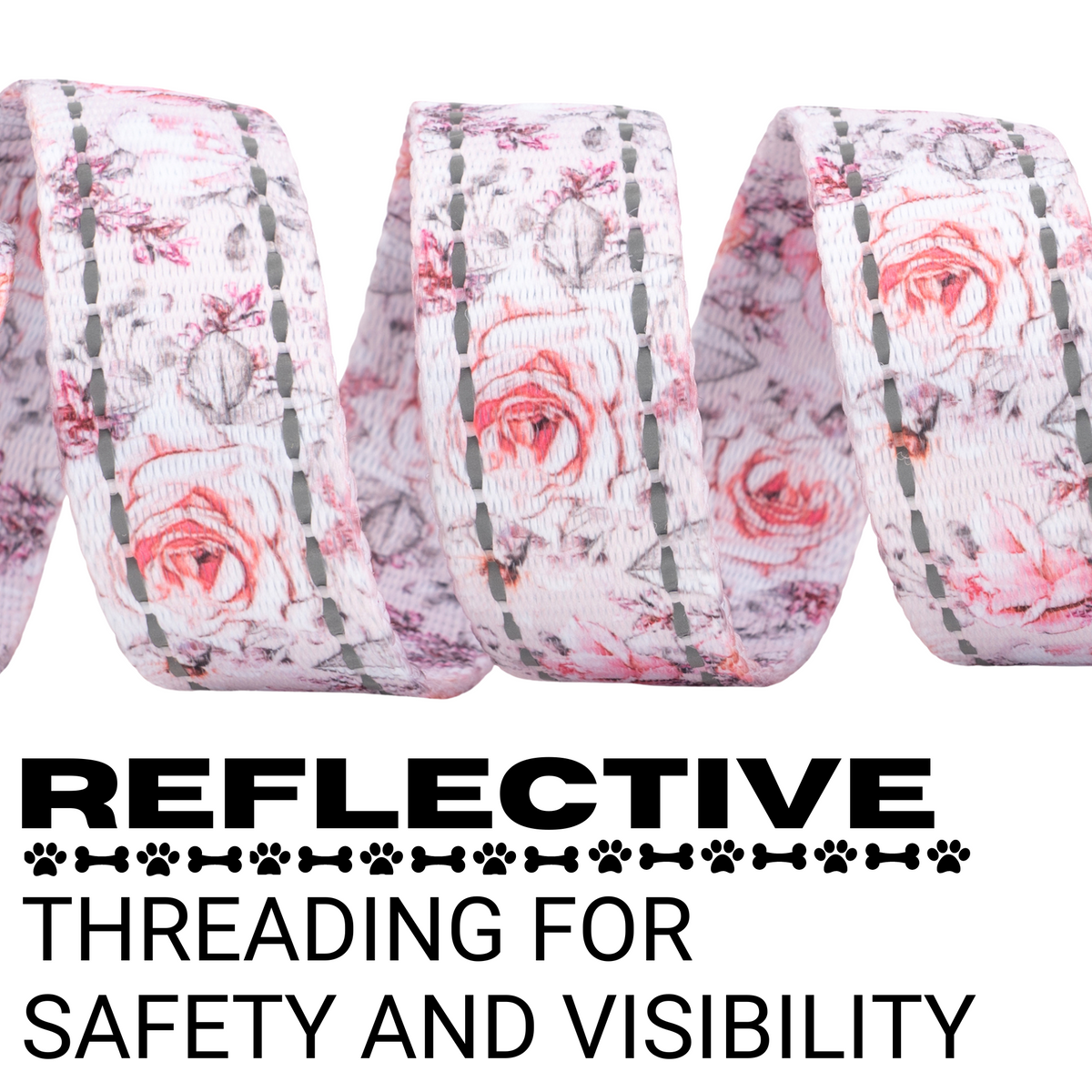 Reflective threading on the EcoBark Eco-Bright Pink Floral dog leash for improved visibility.
