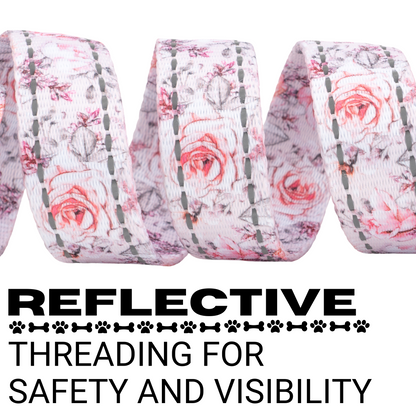 Reflective threading on the EcoBark Eco-Bright Pink Floral dog leash for improved visibility.