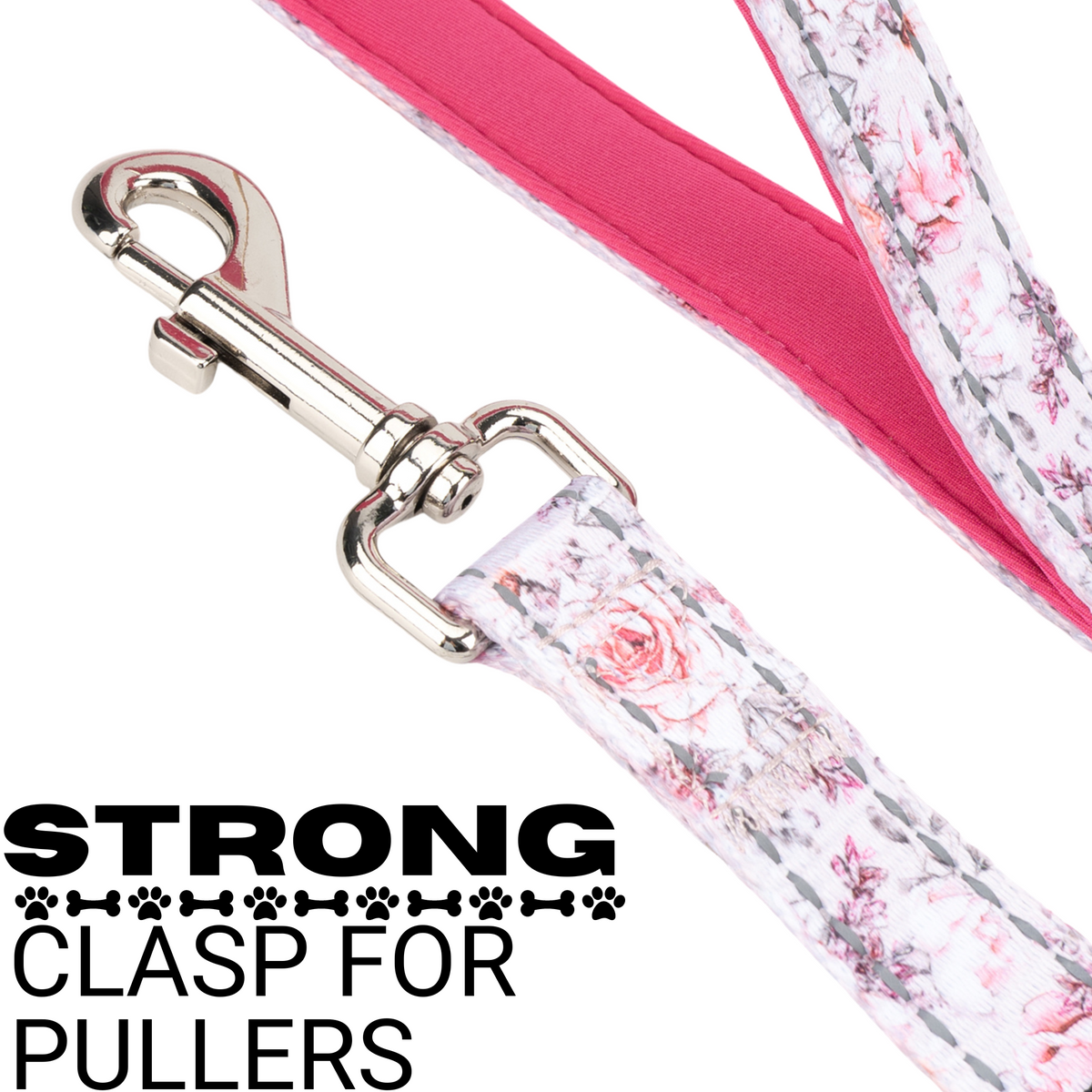 EcoBark Eco-Bright Pink Floral dog leash infographic highlighting the heavy-duty swivel clasp for secure leash attachment.