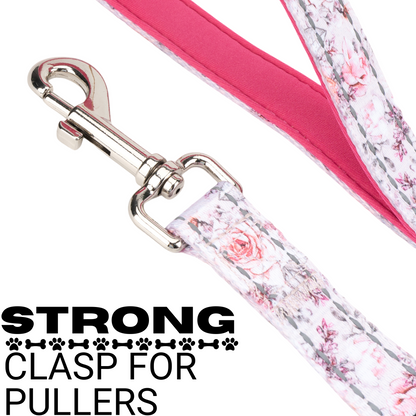 EcoBark Eco-Bright Pink Floral dog leash infographic highlighting the heavy-duty swivel clasp for secure leash attachment.