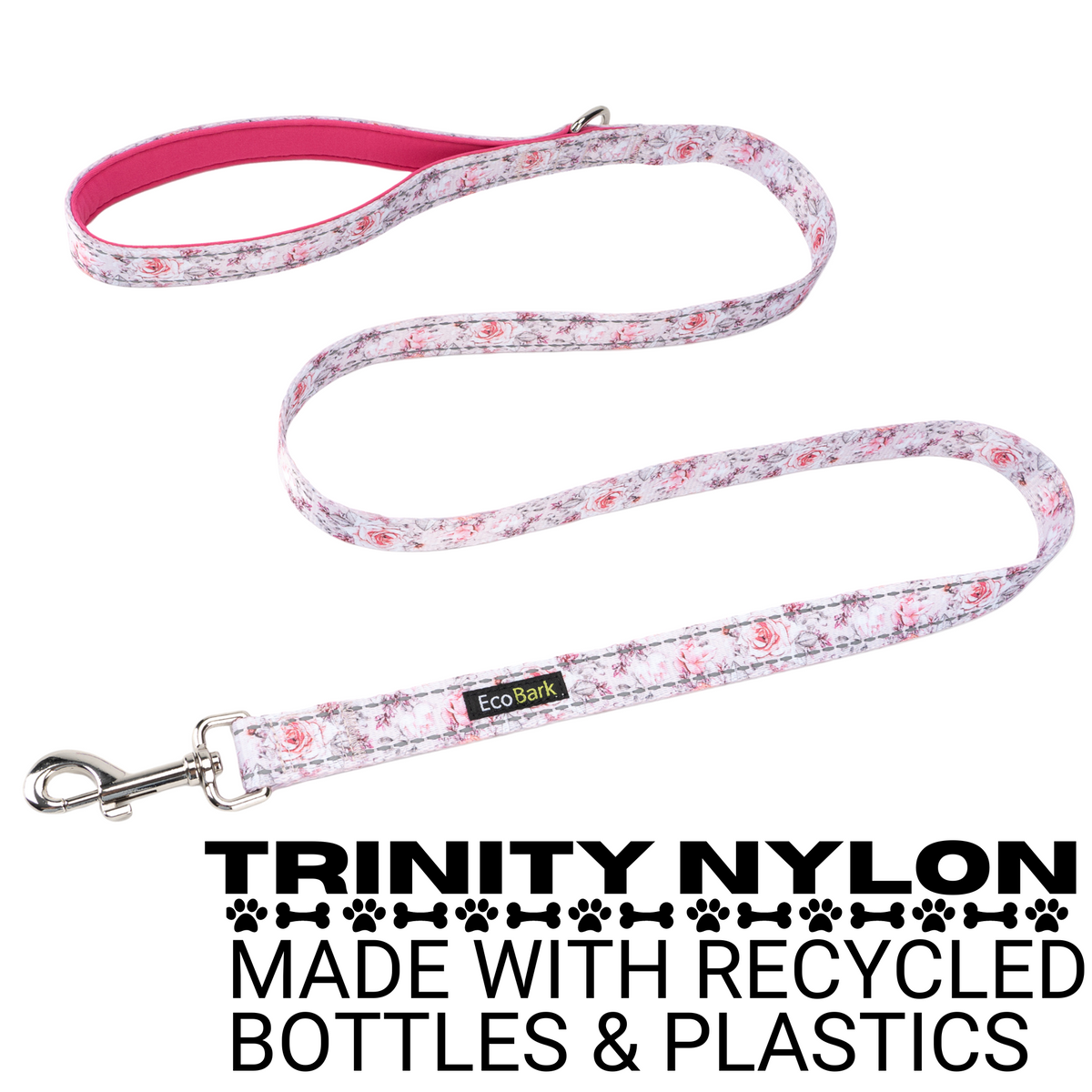 EcoBark Trinity Nylon leash made from recycled plastic bottles infographic.