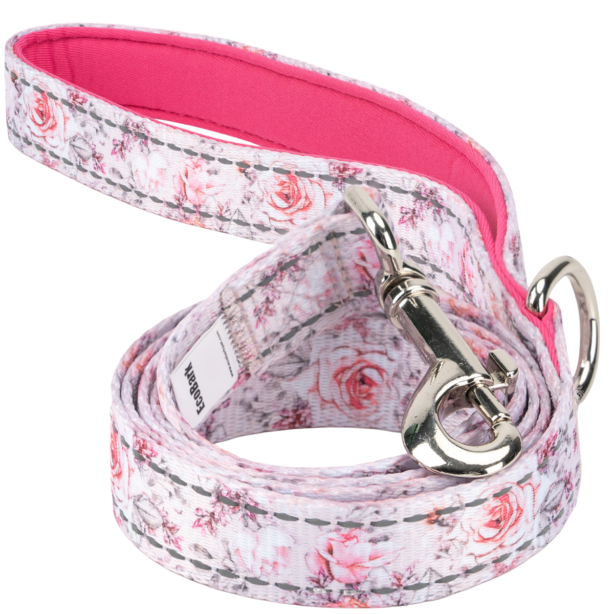 EcoBark Eco-Bright Pink Floral reflective dog leash with padded comfort handle.