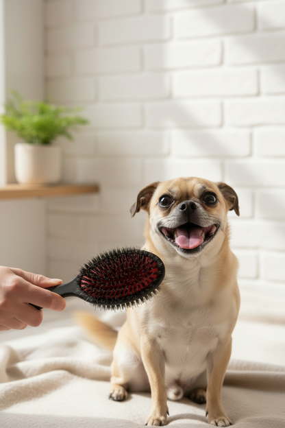     Dog with the B&B Favorite Brush Small grooming brush during a grooming session