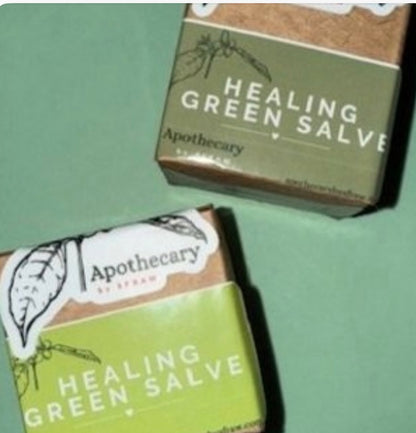 Healing Green Salve packaging from Apothecary by SFRAW for natural feline skin care.