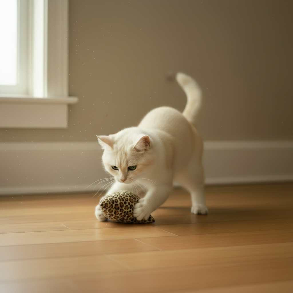 White cat playing with a handmade catnip and silver vine bean bag cat toy