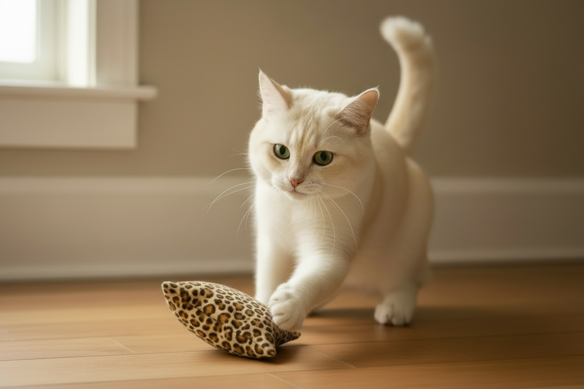 White cat approaching a handmade catnip and silver vine bean bag cat toy