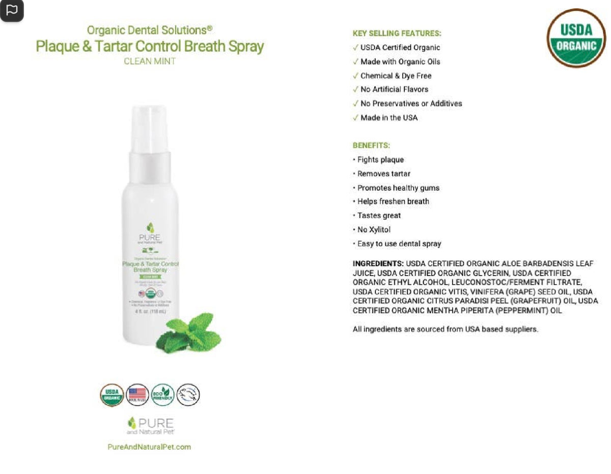 Ingredient and product information for organic plaque and tartar control breath spray for dogs