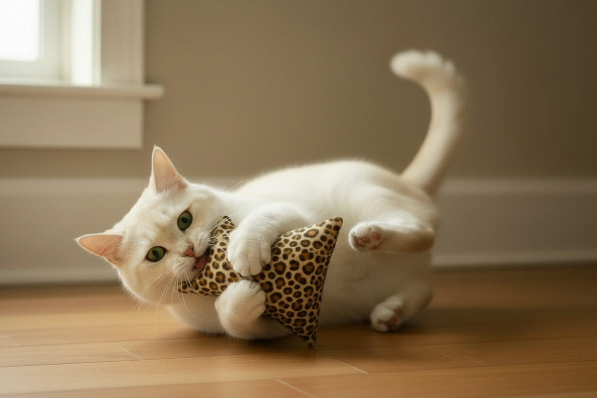 White cat playing with a handmade catnip and silver vine bean bag cat toy
