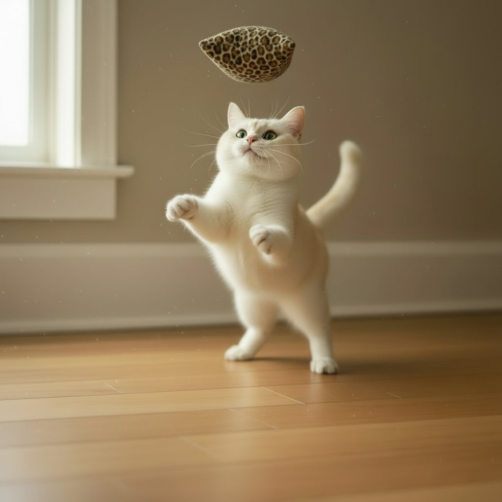 White cat watching a handmade catnip and silver vine bean bag toy tossed into the air
