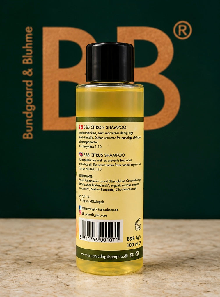 B&B Organic Citrus Shampoo for Dogs bottle showing back label product information