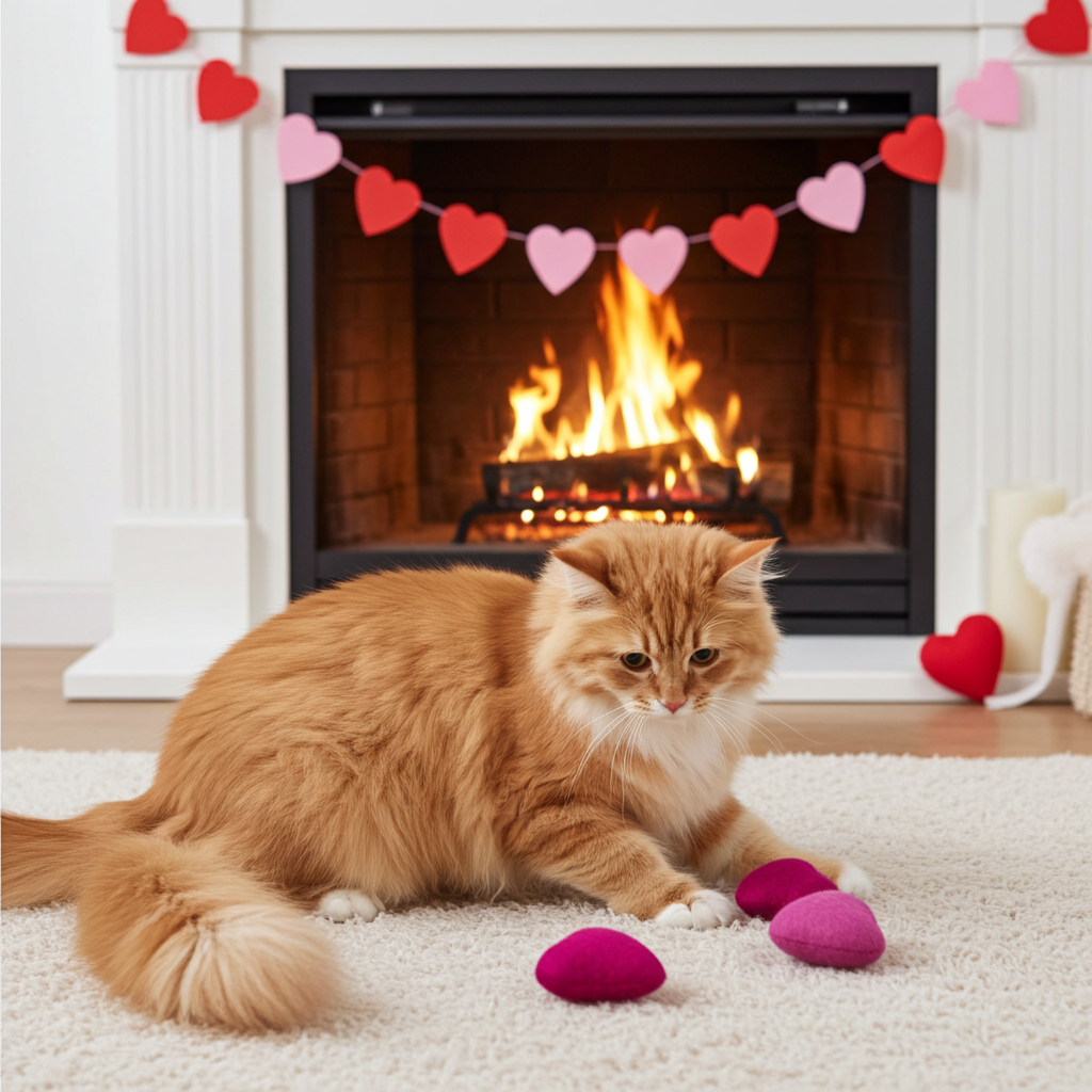 Orange cat resting beside a wool felt heart cat toy in a cozy room