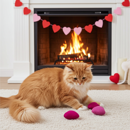 Orange cat resting beside a wool felt heart cat toy in a cozy room
