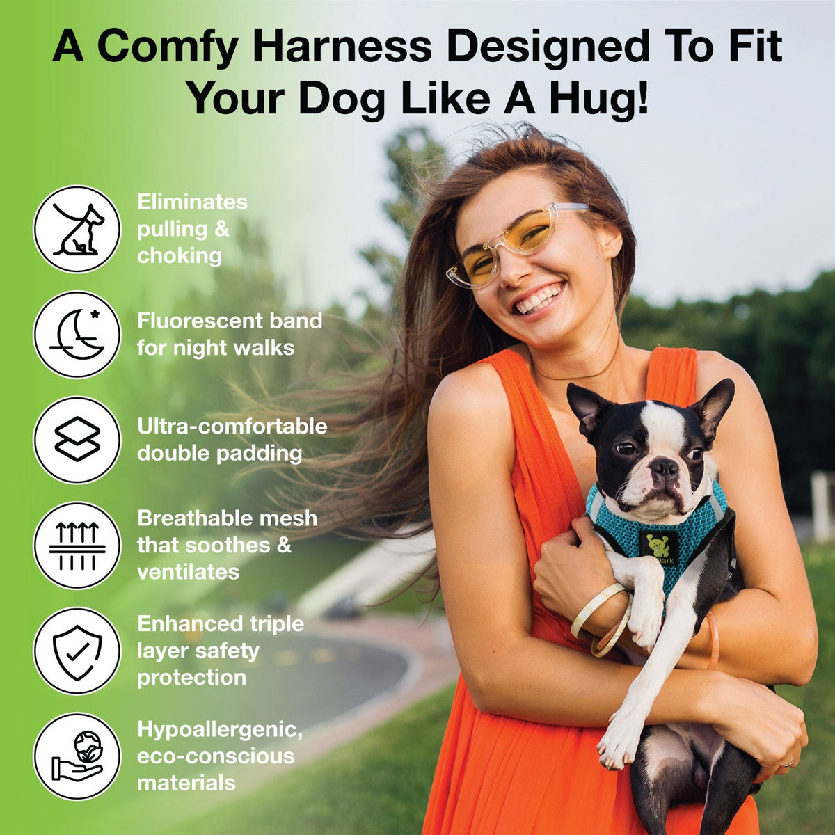 EcoBark Aqua Sport breathable Trinity air mesh dog harness designed for everyday comfort