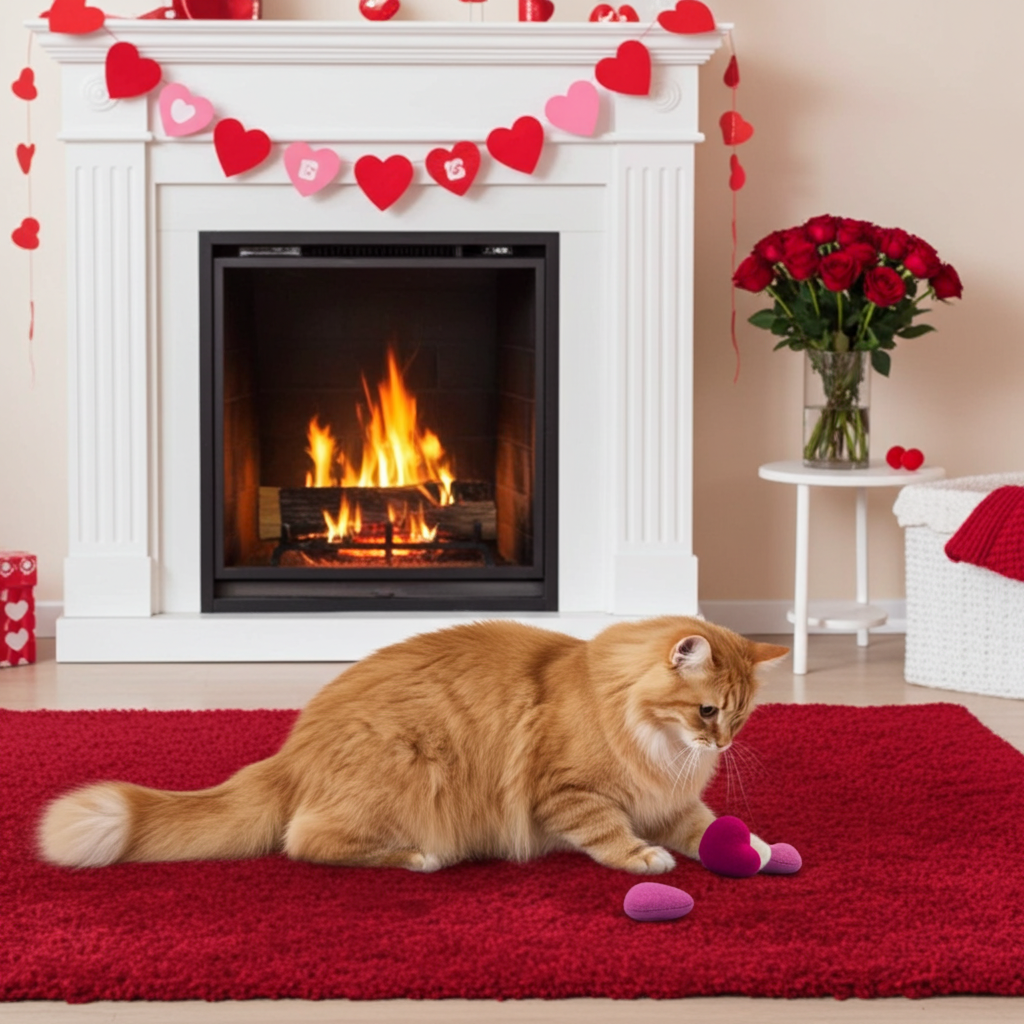 Orange cat playing with a wool felt heart cat toy in a cozy room