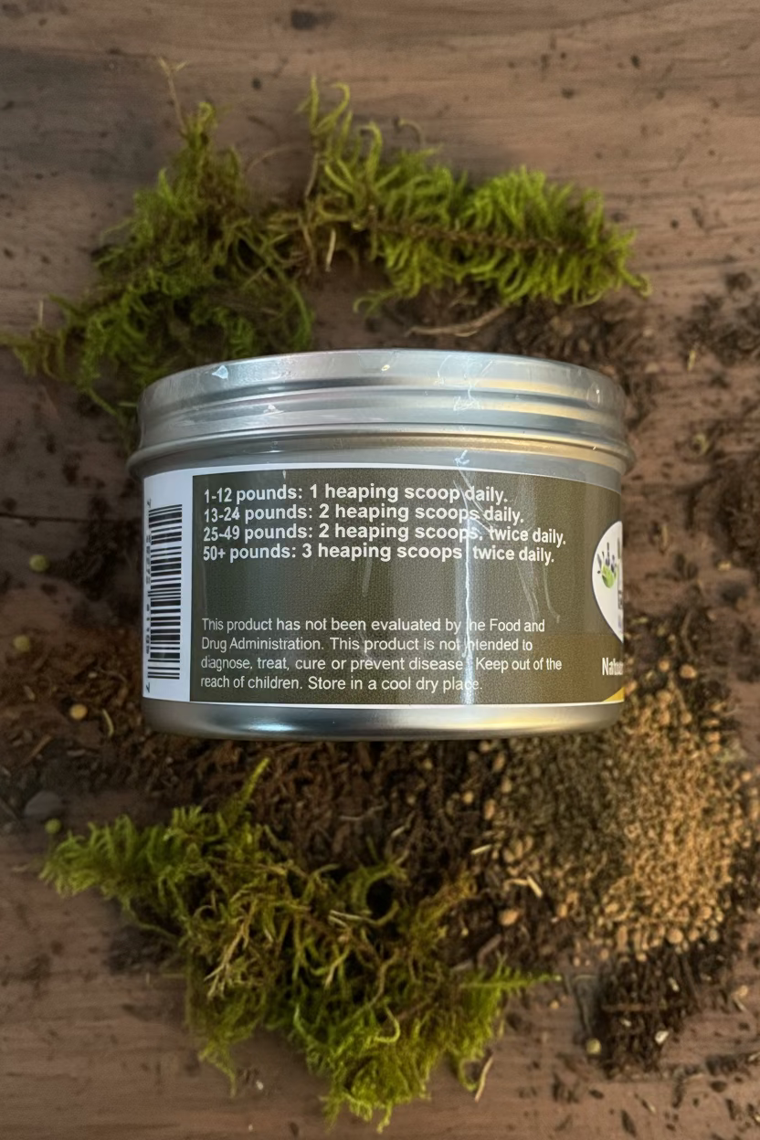 Feeding directions on Fungus Among Us Max Meal Topper for Dogs supplement label.