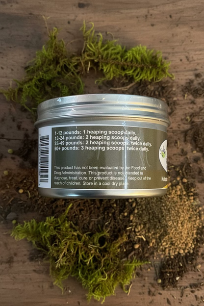 Feeding directions on Fungus Among Us Max Meal Topper for Dogs supplement label.