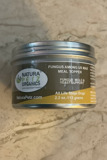 Fungus Among Us Max Meal Topper for Dogs front label on supplement tin.