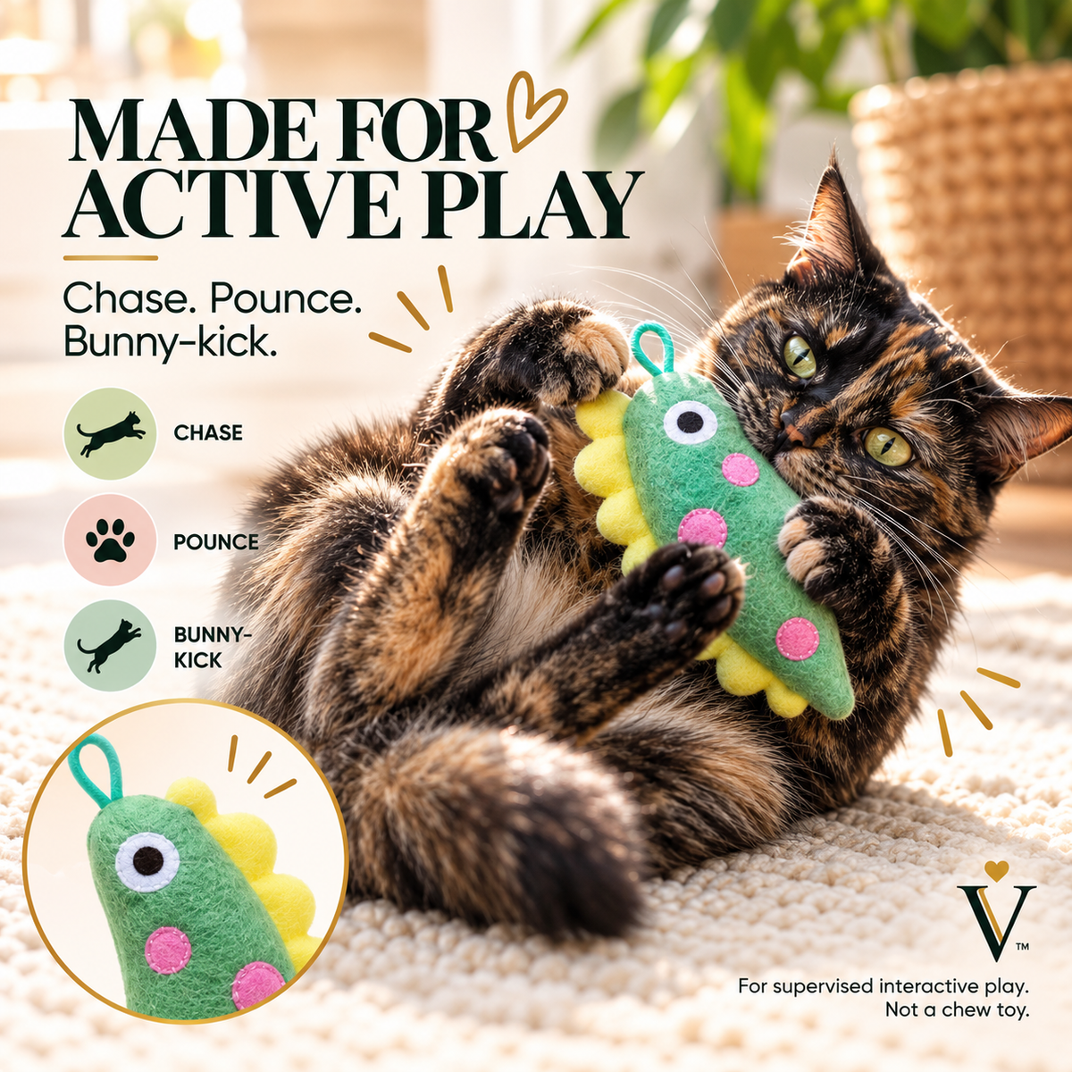 Cat cuddling Dino plush cat toy after active play with graphic showing the transition from wild play to wind-down