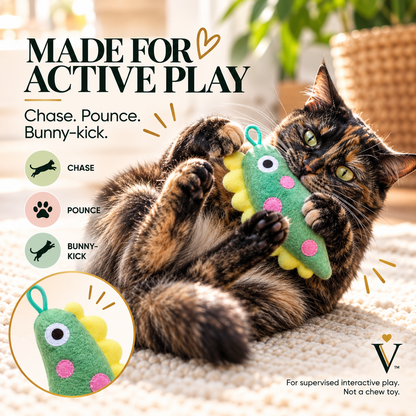 Cat cuddling Dino plush cat toy after active play with graphic showing the transition from wild play to wind-down