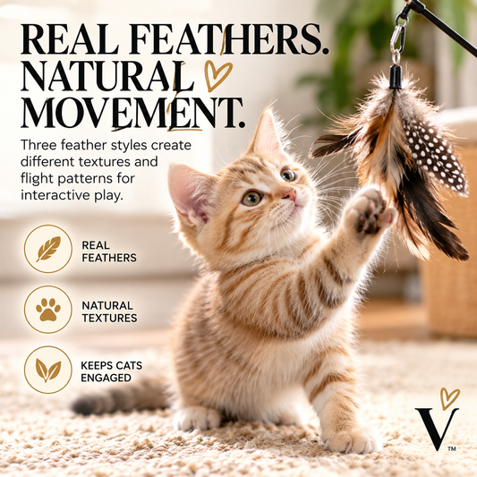 Cat playing with a natural feather toy attachment with graphic highlighting real feathers and natural movement