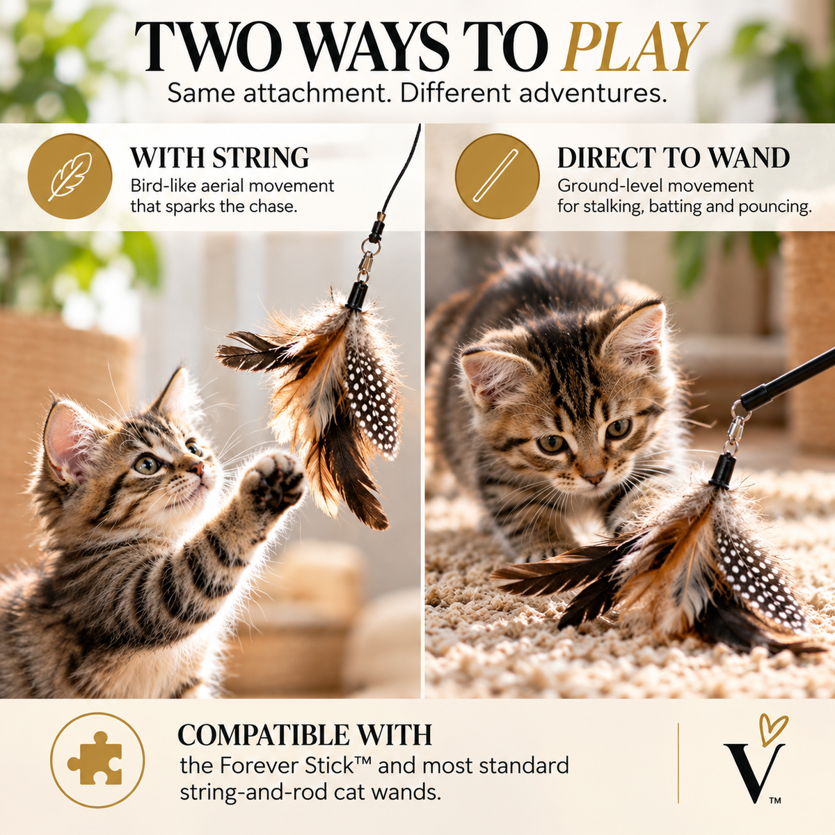 Two ways to use Repounce feather toy attachments with string or directly on a cat wand for interactive play