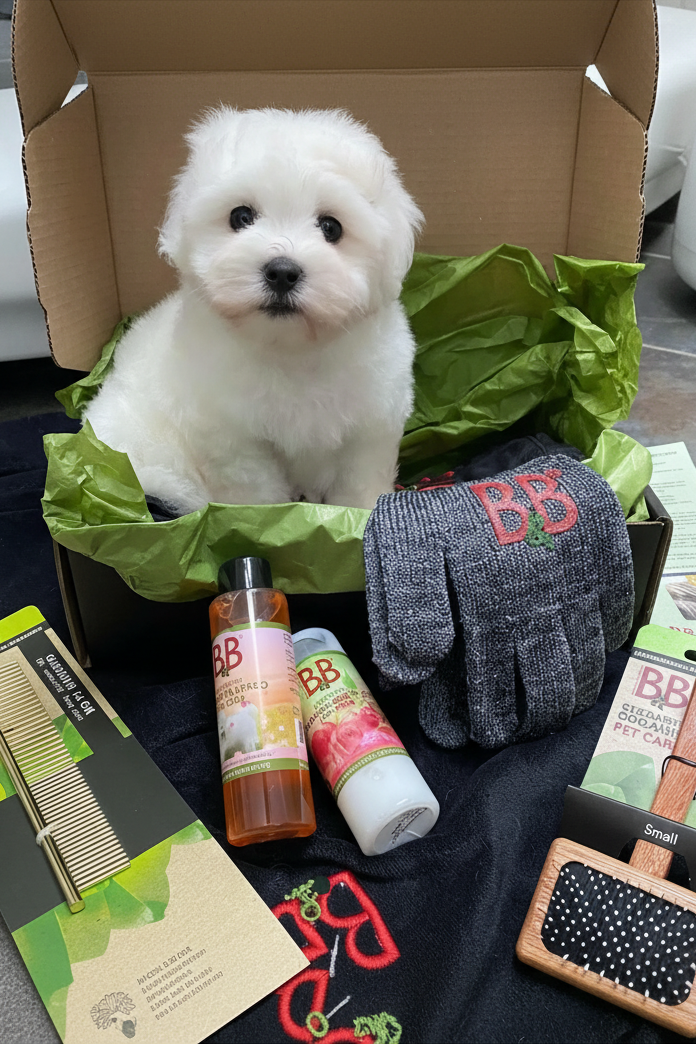 Puppy beside the B&B Fur Care Starter Box showcasing the grooming products included in the gift set.