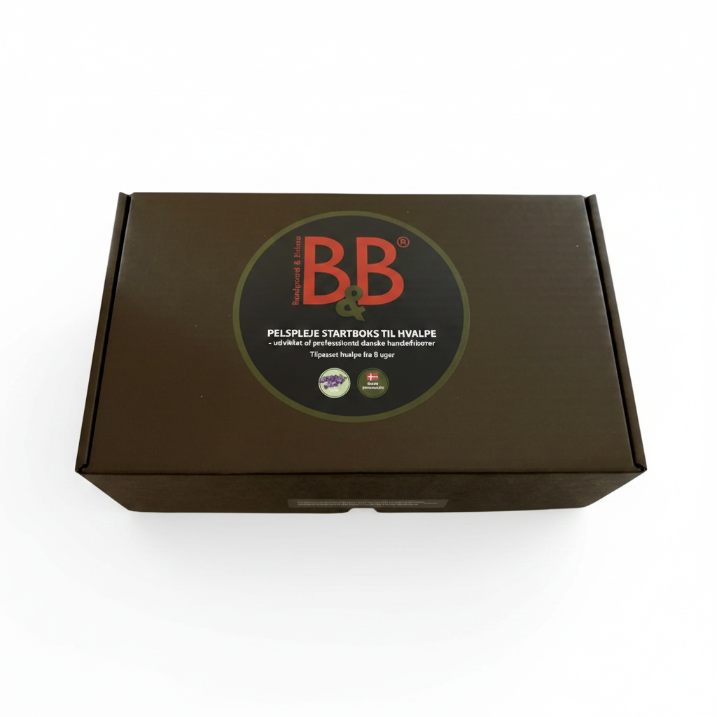 Top view of the B&B Fur Care Starter Box packaging with B&B logo