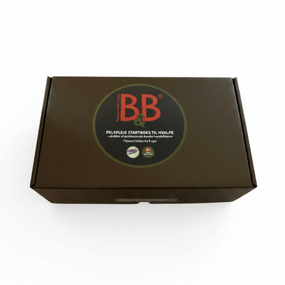 Top view of the B&B Fur Care Starter Box packaging with B&B logo